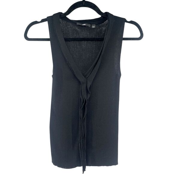 BOSS Hugo Boss Black Ribbed V-Neck Knit Tank with Fringe Detail Small-Medium - Picture 1 of 8